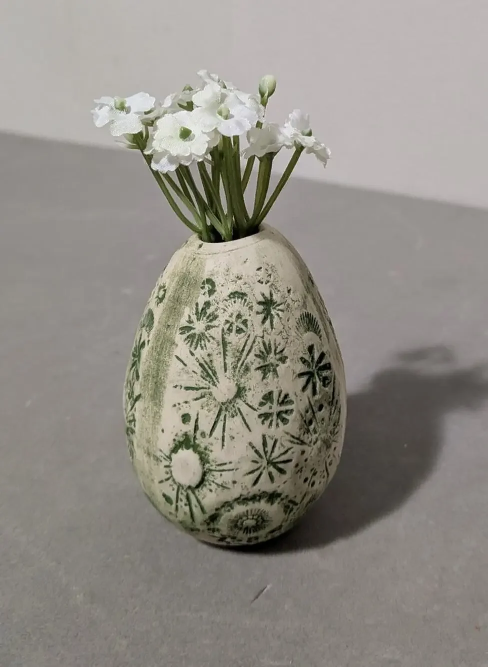 Vintage Ed Brinkman Studio Art Pottery Egg Bud Vase Carved Floral Green MCM